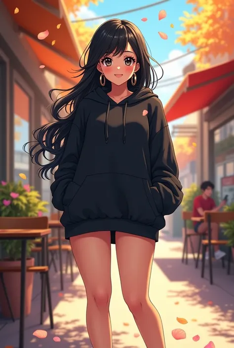 Draw a cute anime girl, with black hair, black eyes and brunette and that she has a body with large breasts and a big butt and thighs and a black sweatshirt