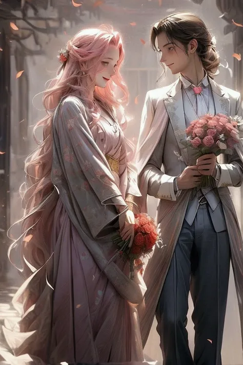 In the picture, there is a couple in a romantic pose.. The girl has long, curly pink hair, and is wearing a pink and white dress with light green and blue decorations.. The girl looks happy and smiling, holding the handcuffs in her hand.. The man next to h...