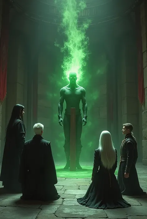  make 4 students kneel , He will be a tall man with long black samurai-style hair, a man with short, combed white hair , a white haired woman, and a green humanoid being with a green aura , green fire hairless , everyone with medieval student style clothin...