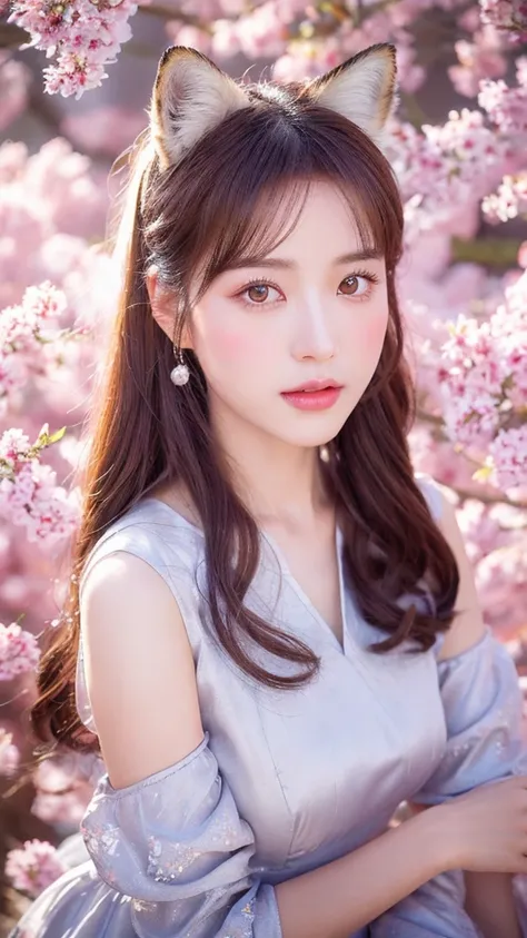 （lifelike， high resolution：1.3）， close up，Sense of story，Realism，Chinese aesthetics，Portrait，Photography，8K,A gentle and mysterious fox demon，Deep eyes and seductive，Dressed in gorgeous period costumes，Slim and graceful figure。She sat under the old cherry ...