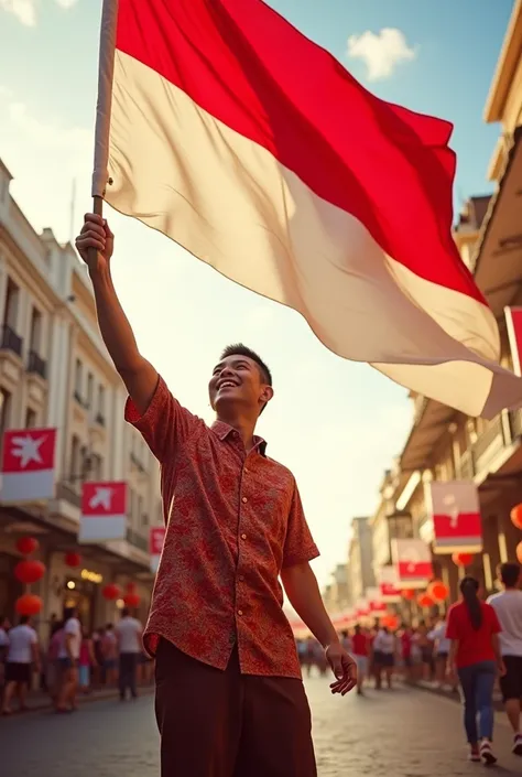 Indonesian independence celebration banner with illustration of man with flag