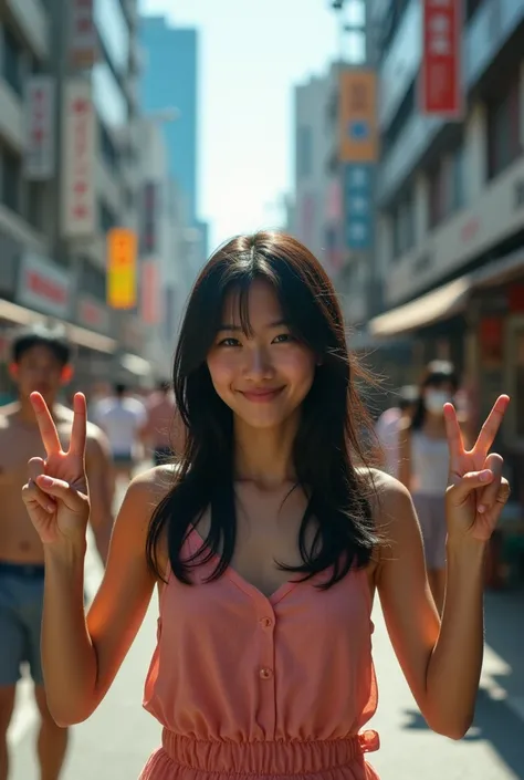 (highest quality,Cowboy shot:1.2),background blur,at crowded City alley,,(perfect beautiful face:1.2),(perfect and beautiful posture:1.2),(Solo, young Japanese girl ),(confused:1.3,embarrassed), shyness:1.1), black hair,(Sweaty, sunburned skin),((crying:1....