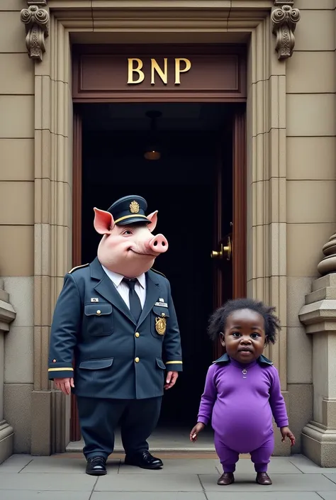 Make me a pig dressed as a security guard standing at the entrance of a Bank, with the initials BNP, Also that a man with indigenous features comes out and that the man&#39;s skin is purple., which also says in text "With the Purple Drink" 