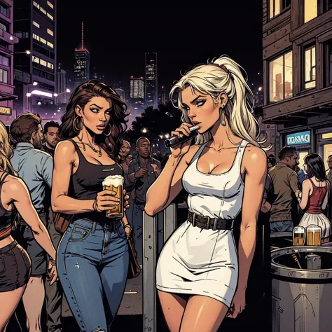 generate an urban landscape of a party night, specifically there are white womens dressed in an urban style drinking beer and smoking a blunt of weed.