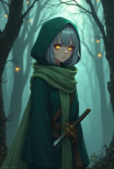 anime style body image, a beautiful witch woman with short silver hair and golden eyes, wearing a scarf, green hood and carrying a katana, looking sad and soulless. Mommy