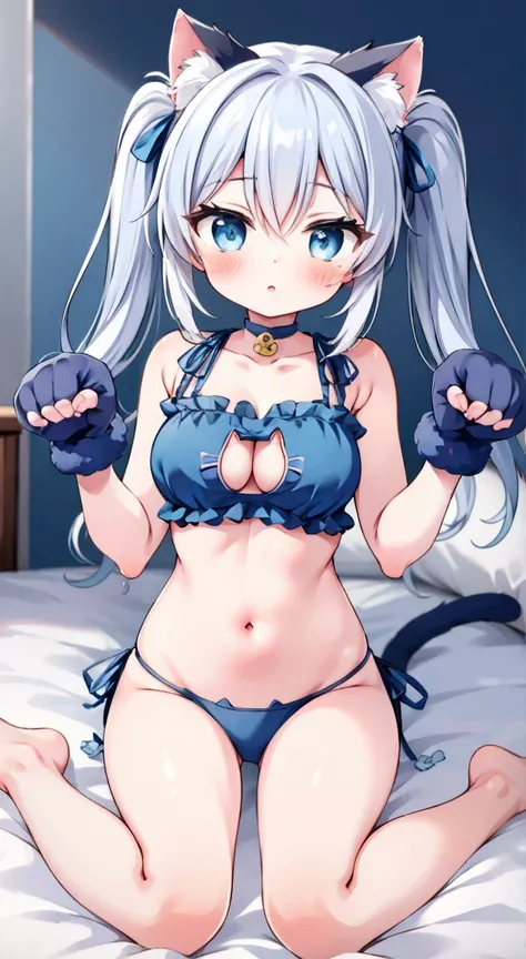 (((Lightbluecolored cat lingerie))),Side tie panties,The ribbon is lovely, Ribbon Panties,Cats are good, Lace panties,Twin tails,blush, full-face blush,masterpiece, Highest quality, (anime screencap:1.3),(shape), cute,(Simple:1), (anime:1.2),Solo Sharp Foc...