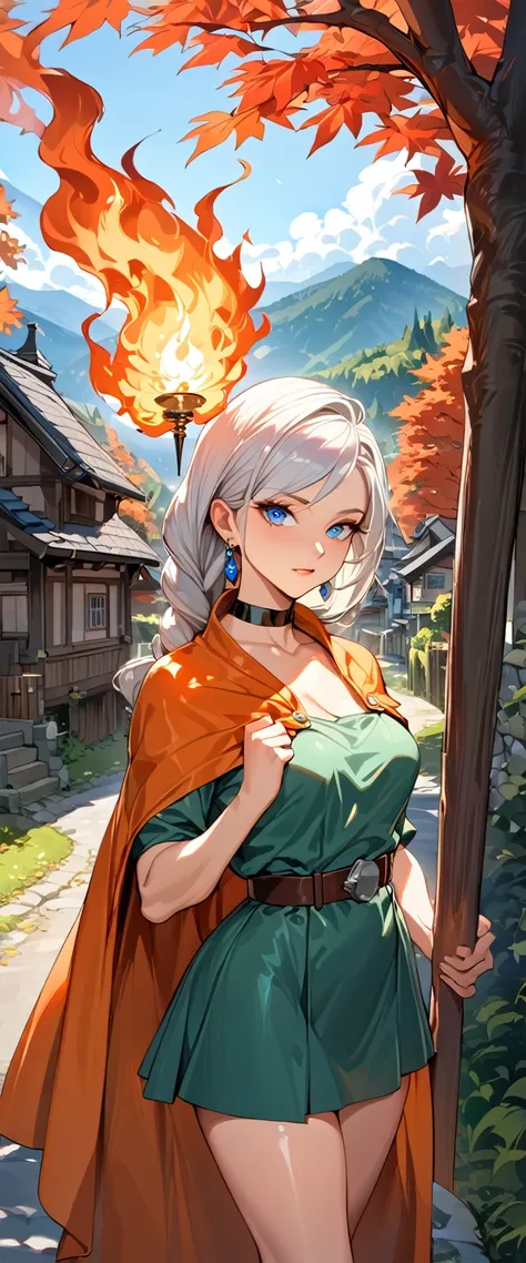 (masterpiece, best quality:1.3), looking at viewer, upper body, portrait, 1girl, solo, dqBianca, blue eyes, single braid, earrings, orange cape, green dress, belt, choker, beautiful eyes, beautiful face, shiny skin, glossy skin, maple trees, village, outdo...