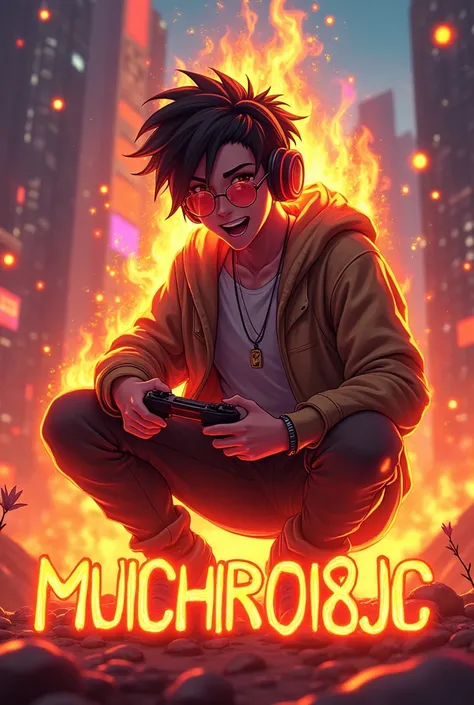 Create a pet where the pet is a gamer boy with fire around him and the name MUICHIRO18JC at the bottom. 