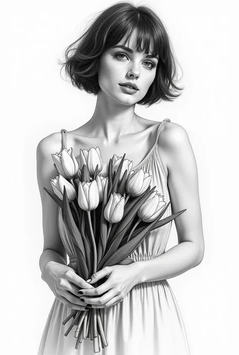 a portrait of a beautiful woman,  sun dress,  defined black lines, 1 girl, only, water,  hugging tulips, simple background, white background, monochrome, arte linear, ((outline)),((high qualiy, work of art:1.4)), 1 girl, ((trunk)), outline de retrato, mess...