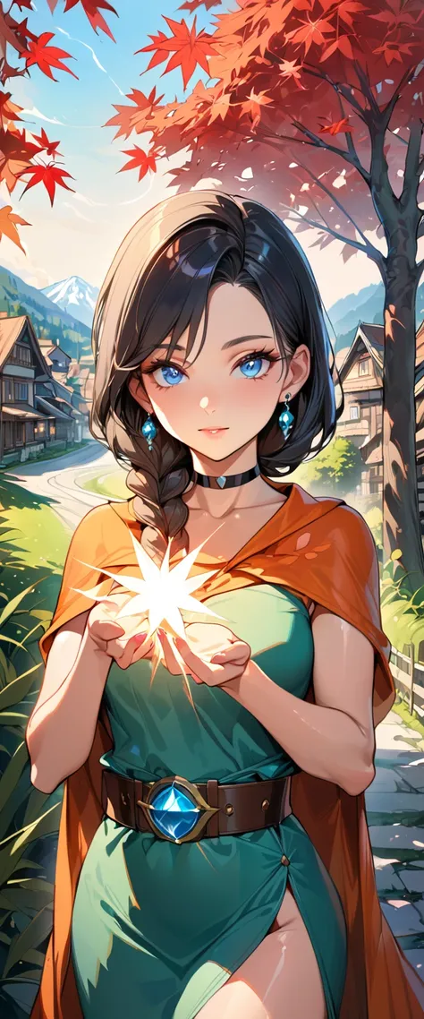 (masterpiece, best quality:1.3), looking at viewer, upper body, portrait, 1girl, solo, dqBianca, blue eyes, single braid, earrings, orange cape, green dress, belt, choker, beautiful eyes, beautiful face, shiny skin, glossy skin, maple trees, village, outdo...