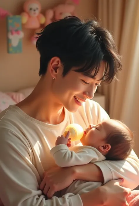 Make another image of Christopher Bang (Bangchan) Stray Kids leader. holding a baby in his arms while feeding her with a bottle 