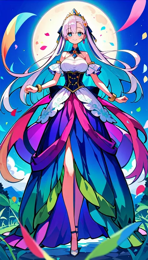 expensivequality illustration, masterpiece, Very delicate and beautiful, attractive,(White floral dress,One-piece with glittering decorations,expensive_White rainbow gradient dress、Long skirt、slit),thin,Slender body,slim,high school student,Grassland Backg...