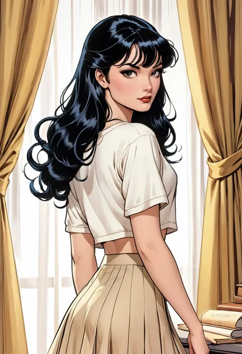 DC comic girl with long black hair, in a twist-back hairstyle, her ends semi-curled, and curtain bangs. Her eyes are hazel-doe-like. She had porcelain-like skin. Her features are soft and dainty. Very feminine and extremely pretty. She has a white cropped ...