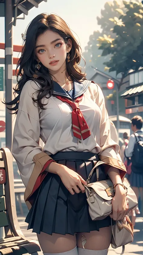 Japanese 、Sailor suit、Navy blue mini pleated skirt、loafers、school bag、Bus stop waiting room,One Summer Day,(hem lift:1.3),(open bag:1.3),(adnet weight:1.0),(hem that rolls up:1.3),(Fully exposed pussy:1.5),Well good,no panty,smile,