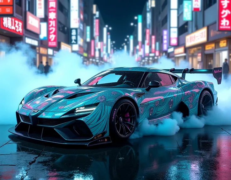 an ecchi car, a car with body painted with Hatsune Miku, car body have text "Hatsune Miku", Japaneses car, futuristic, vibrant neon light, car light up, Akihabara night street, white smoke, cinematic lighting, photorealistic, night view photo