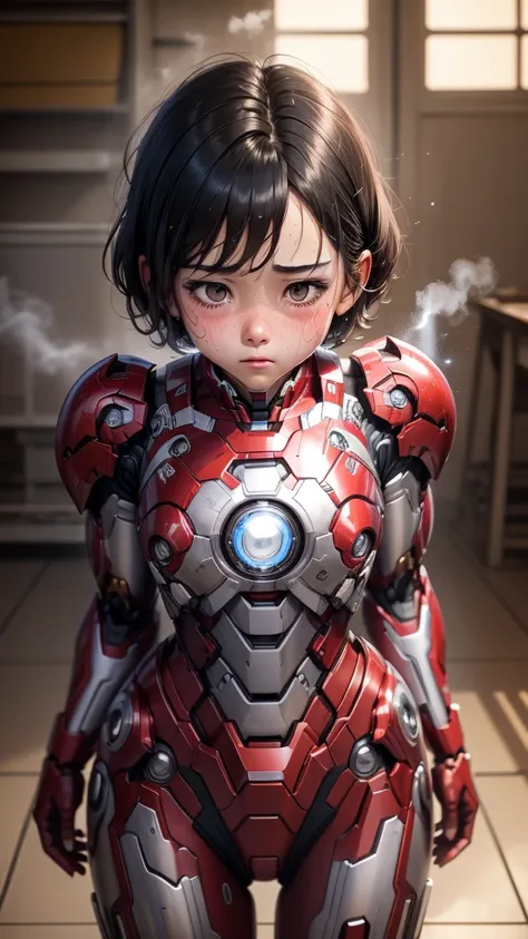 highest quality　8k iron man suit girl　elementary school girl　sweaty face　cute　short hair　boyish　steam coming out of the head　my ...