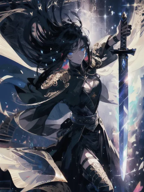 Holding a one-handed sword、Please take the black sword.、((masterpiece, highest quality, Super detailed, High resolution)), alone, beautiful girl, shining eyes, perfect eyes, 15 years old, black white gold theme,