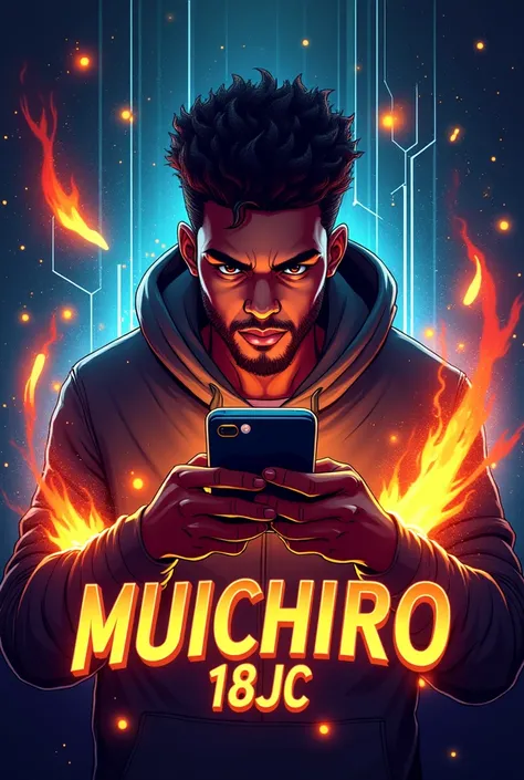 Create a mascot where the mascot is a dark-skinned adult gamer guy playing with a phone with fire around him and with the name MUICHIRO18JC at the bottom. 