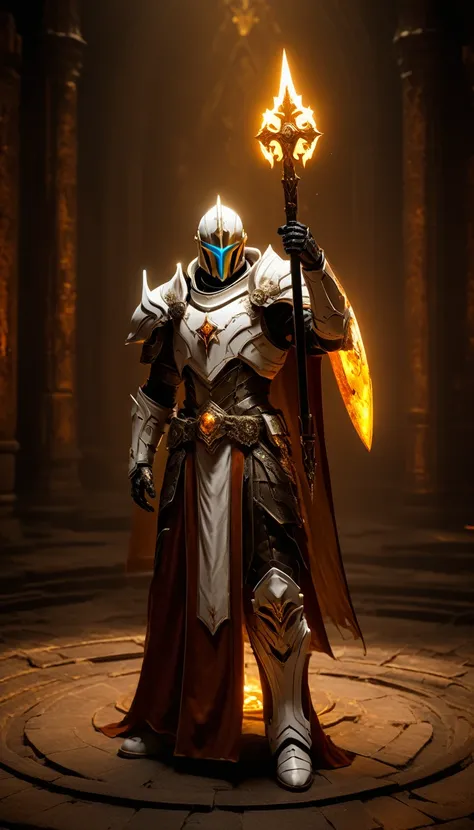 Masterpieces, male, Holy white paladin, (white armor), Action style shot, in a vampire castle, dark souls and elden ring style red. (no undercloth), holding a hammer in one hand and a shield in the other, Glowing amber colored Christian Cross on breastplat...