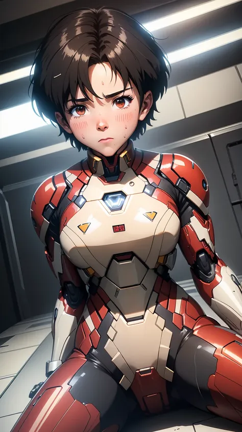 highest quality　8k iron man suit girl　elementary school girl　sweaty face　cute　short hair　boyish　steam coming out of the head　my ...