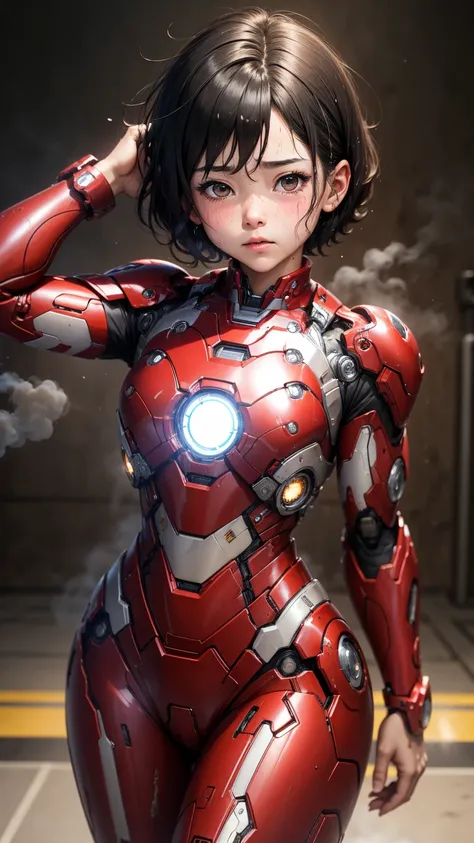 highest quality　8k iron man suit girl　elementary school girl　sweaty face　cute　short hair　boyish　steam coming out of the head　my ...