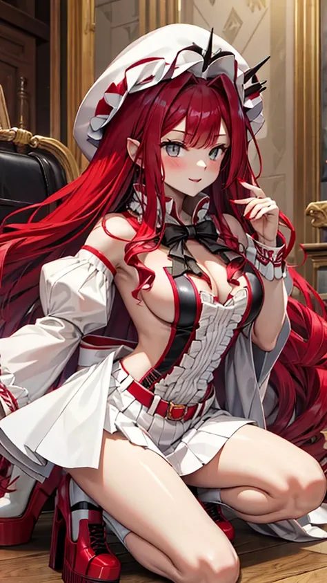 Red long hair girl，vampire，Chest，cleavage，White Hat，White skirt，Bare Legs，Platform shoes，Medieval European castles