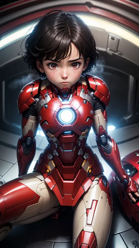 highest quality　8k iron man suit girl　elementary school girl　sweaty face　cute　short hair　boyish　steam coming out of the head　my ...