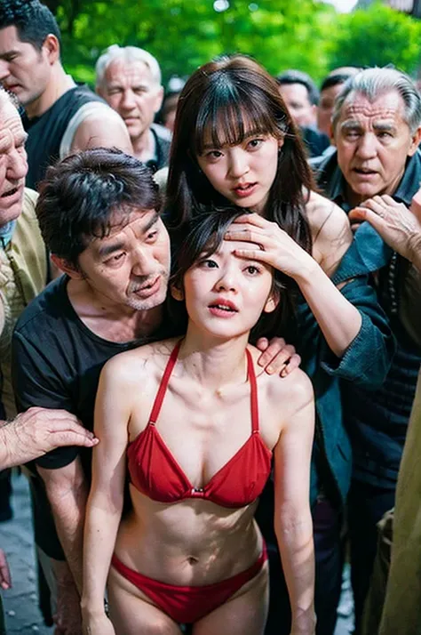 １beautiful female protagonist、woman in the face、very large breasts、red bikini、woman has a look of disgust、(old men surround a wo...