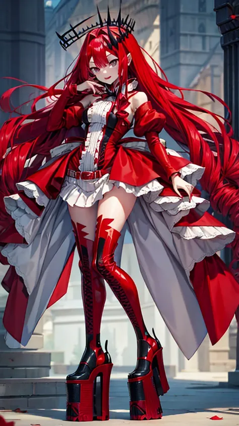 red long hair girl，vampire，chest，red dress，bare legs，platform shoes，standing，medieval european castles