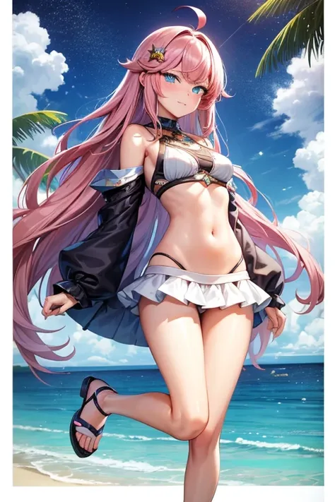 ((best quality)), ((masterpiece)), (detailed), 4 girls, a girl, full body, 20 years old, young adult, happy face, smile, young adult, tall, blue eyes, long blonde hair, hair ornaments, star hair ornaments, bangs, big breasts, sexy purple bikini, bikini wit...