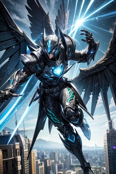 ((best quality)), ((masterpiece)), (detailed), 1 male, full body, 25 years old, blue head, uncovered mouth, blue biker helmet, black beak, black collar, tall, thin, metallic wings, 2 wings on his suit, black fingerless gloves, blue wrist guards, luminous b...