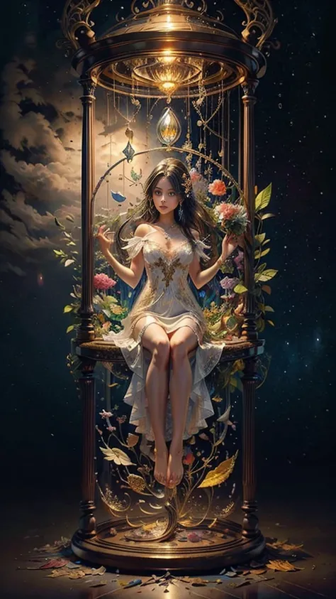 (masterpiece), best quality, expressive eyes, perfect face, huge hourglass, antique hourglass, floating antique clock, beautiful girl inside the hourglass, beautiful Latin girl behind the clock glass, floating antique clock, lamp , lantern, dark night sky,...