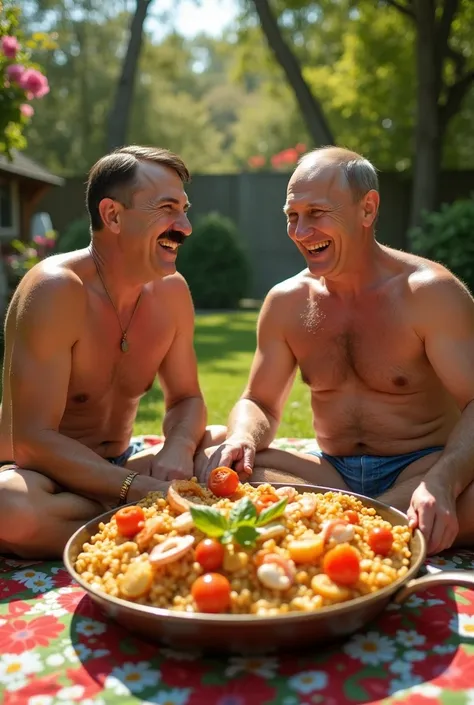 Adolf Hitler and Vladimir Putin are very fit and they are nude, very happy and eating paella in a backyard. 