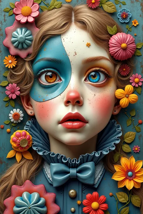 lewis carrol, Alice in Wonderland, Surreal and strange dislocation art：Collage，There are many different things on the faces，neon colors playground toys，Geometric Dislocation，Collage,Hollow，Artistic sense，Painting，paint，Simple, children playing infants girl...