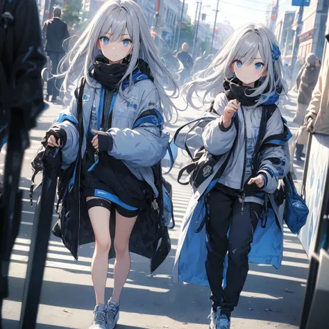 a faint smile, bright silver hair, blue eyes, sneakers, 8k, highest quality