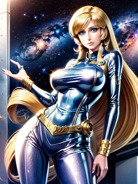 anime style female character inspired by vintage space opera aesthetics, with elongated facial features, 165 cm tall, having blo...