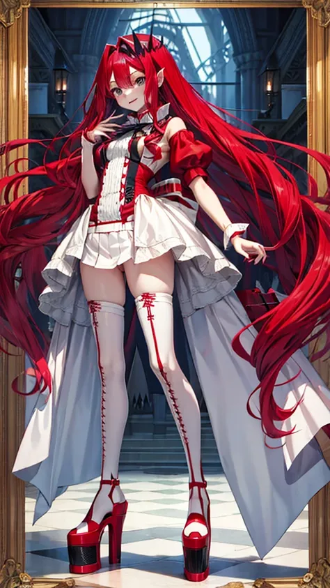 red long hair girl，vampire，chest，white mini skirt，bare legs，platform shoes，standing，medieval european castles