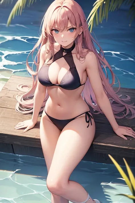 ((best quality)), ((masterpiece)), (detailed), 4 girls, a girl, full body, 20 years old, young adult, happy face, smile, young adult, tall, blue eyes, long blonde hair, hair ornaments, star hair ornaments, bangs, big breasts, sexy purple bikini, bikini wit...