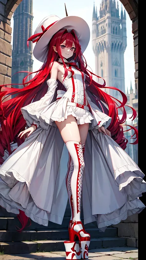 red long hair girl，vampire，chest，bare arms，white hat，white mini skirt，bare legs，platform shoes，standing，medieval european castle...