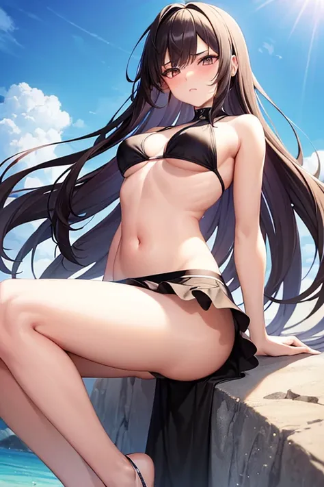 ((best quality)), ((masterpiece)), (detailed), 2 girls, a girl, full body, 19 years old, angry face, young adult, somewhat short stature, purple eyes, brown hair, slightly wavy hair, long hair, bangs, blush, very small breasts, sexy white bikini with skirt...