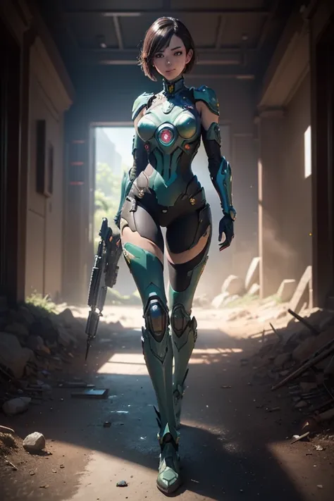 ((best quality)), ((Main Part)), (Very detailed: 1.3), ....3D, Shitu-mecha, whole body, 1 Beautiful woman, Smile, short hair, Wearing green mecha, (Standard snakeskin wick), (Claws on hands and feet), The ruins of a city from a forgotten war, Old Technolog...