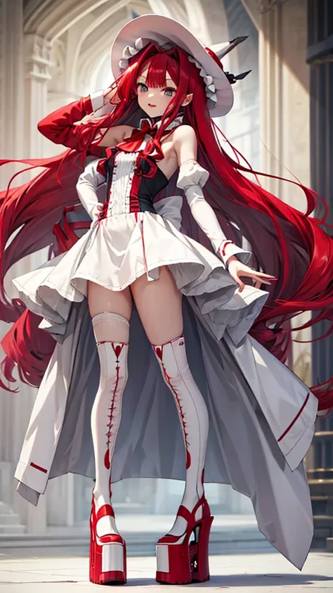 Red long hair girl，vampire，Mid-chest，Bare Arms，White Hat，White mini skirt，Bare Legs，Platform shoes，Standing，Medieval European castles