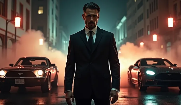 Create a striking movie poster featuring a young mafia boss in an expensive suit, exuding an air of power and mystery. He has a subtle beard and a confident stance. The background should showcase a high-octane action movie scene, with luxurious cars and in...