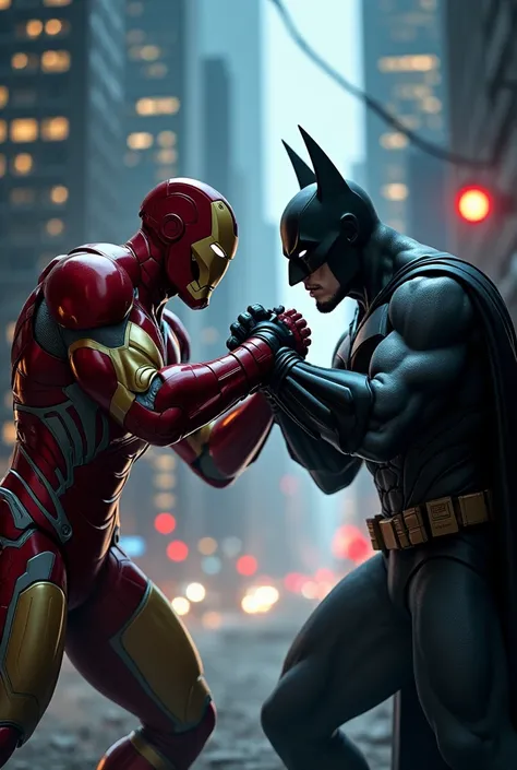 a highly detailed illustration of iron man and batman arm wrestling, muscular male figures in a dark gritty cityscape, dramatic lighting, cinematic composition, hyperrealistic, 8k, intricate details, chiaroscuro lighting, moody atmosphere, dynamic pose, po...