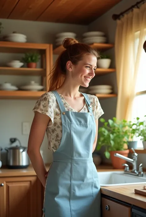 A young housewife holds her bottom.