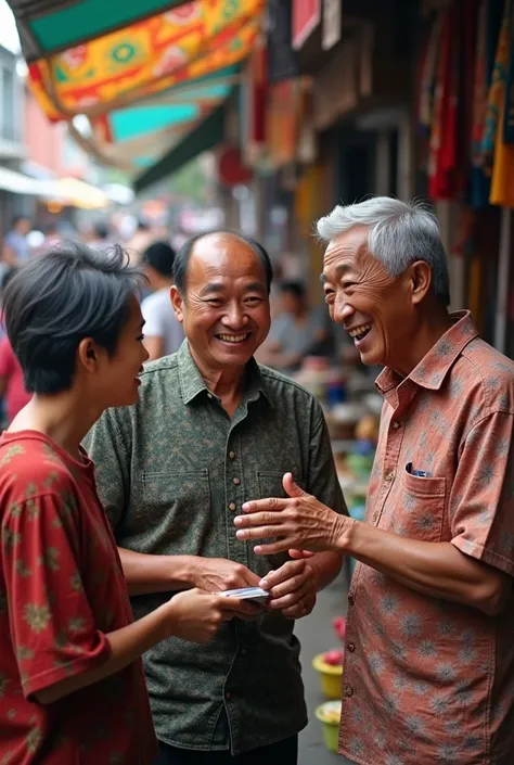 An old age Malaysian Chinese  man and woman are talking to a young Malay man.