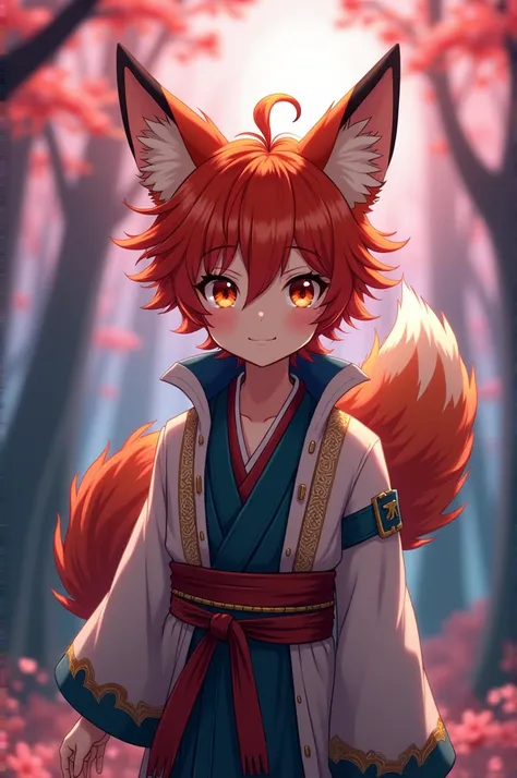 Create an anime boy who has the ears and tail of a kitsune.