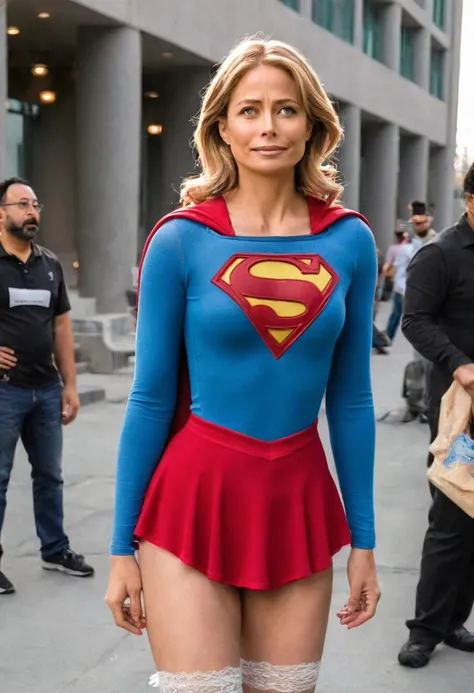 make a full shot shocked ,ashamed ,and totally embarrassed 😳🥺 supergirl as she sees she is not wearing her red skirt she is trying pull down her tunic top only wearing her white lace ruffle panties