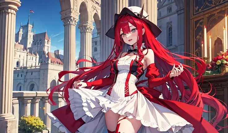 Red long hair girl，vampire，Mid-chest，cleavage，Bare Arms，White Hat，White mini skirt，thigh，Standing，Medieval European castles