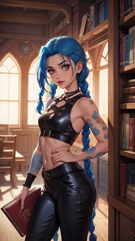 Blue Haired Girl, Book, Arcanum, red-lips, Arcanum. Book, Girl with twin braids and blue color., Book, Arcanum, Book de Arcanum, Book usa uma blusa marrom com um x no meio sa blusa, Arcanum, Book wears leather pants, estilos Arcanum, Book, Eyes pink